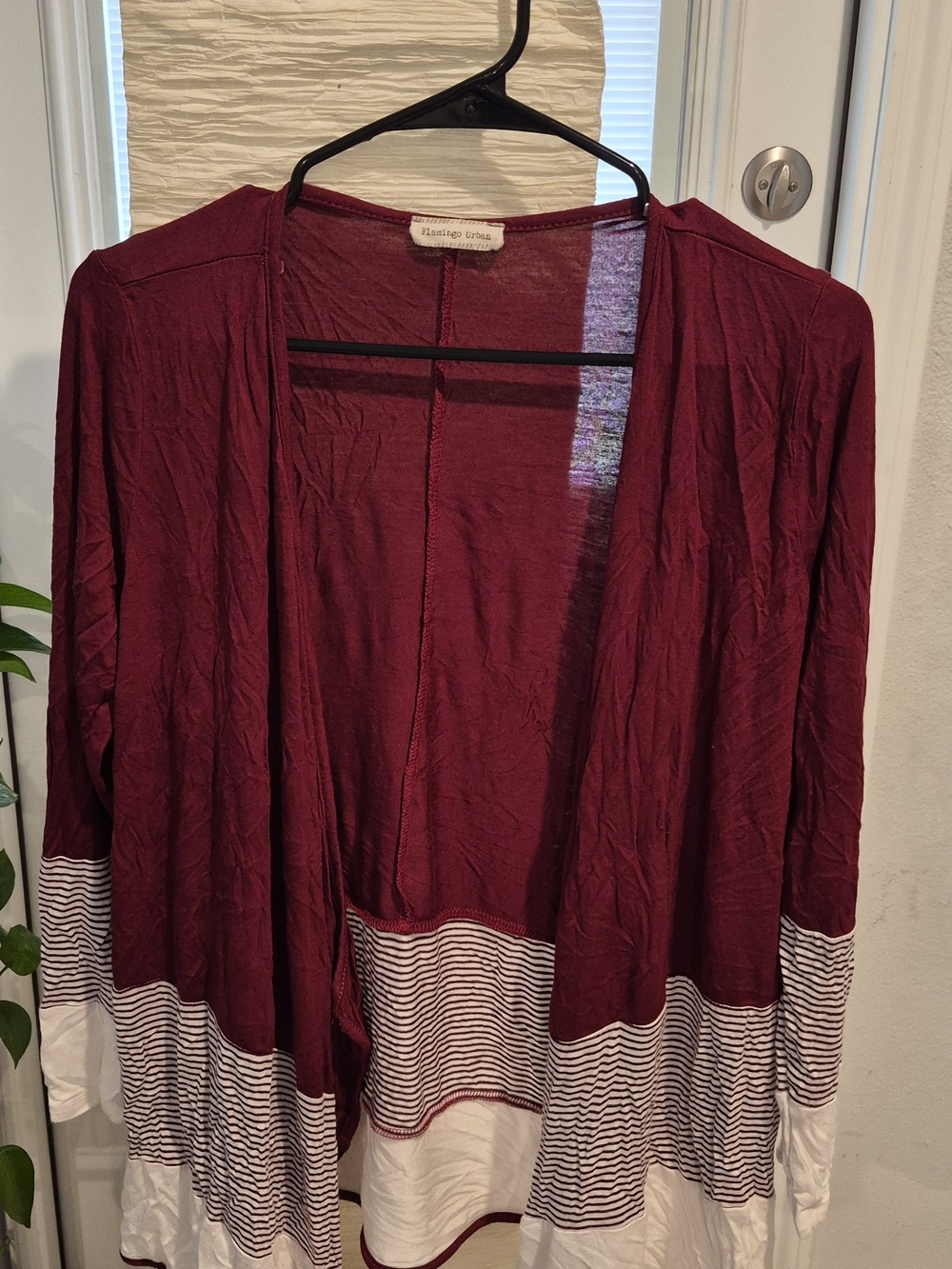 Flamingo Urban Burgundy Open-Front Cardigan with Striped Hem